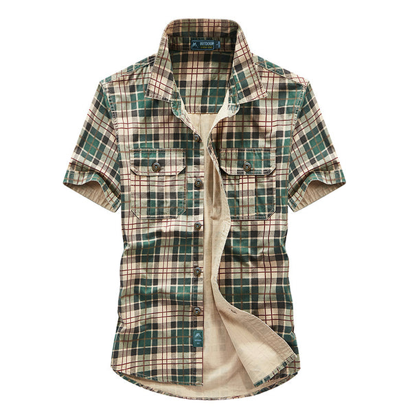 Short-sleeved Mens Loose Cotton Plaid Summer Shirt