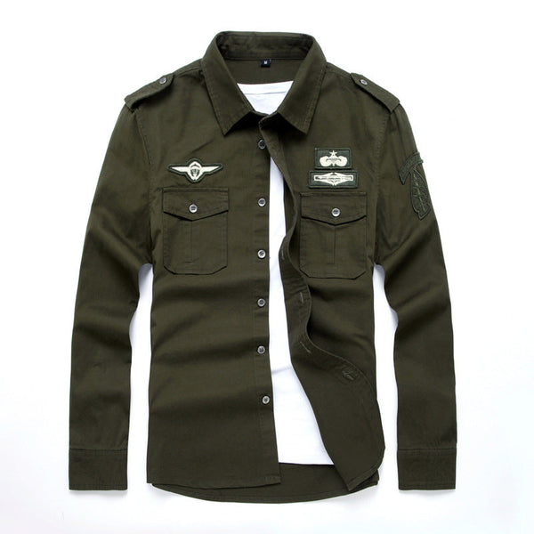 Mens Applique Chest Flap Pockets Button Up Military Shirt