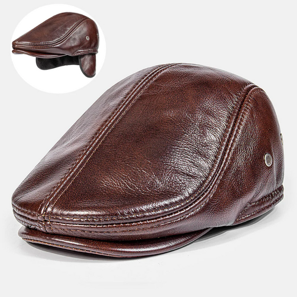 Men Genuine Leather Earmuffs Design Windproof Warmth Berets Peaked Cap