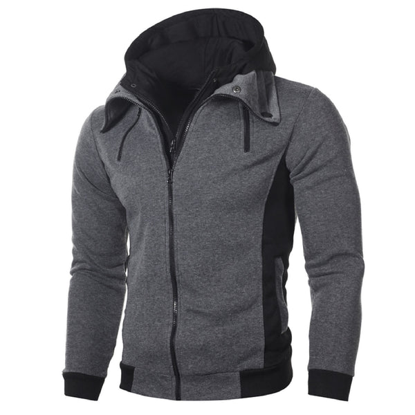 Men Hoodie Contrast Colors Fake Two-piece Double Zippers Hooded Coat