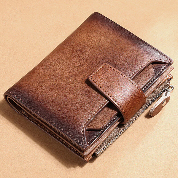 Men Genuine Leather Bifold RFID-Blocking Retro Coin Purse Driver's License Wallet