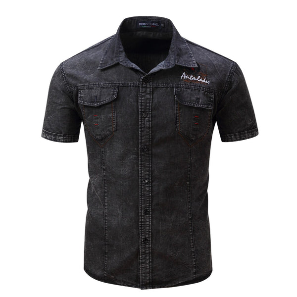 Men's Cotton Denim Shirt Lapel Pocket Single Breasted Short Sleeve Shirt