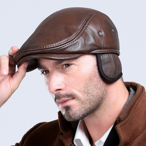 Mens Vintage Genuine Cowhide Beret Caps Earflaps Windproof Warm Hats